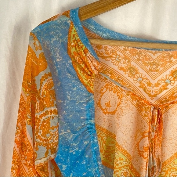 Free People Women's Paisley Boho Long Sleeve Mesh Cropped Open Back Top Size XS - Picture 10 of 16